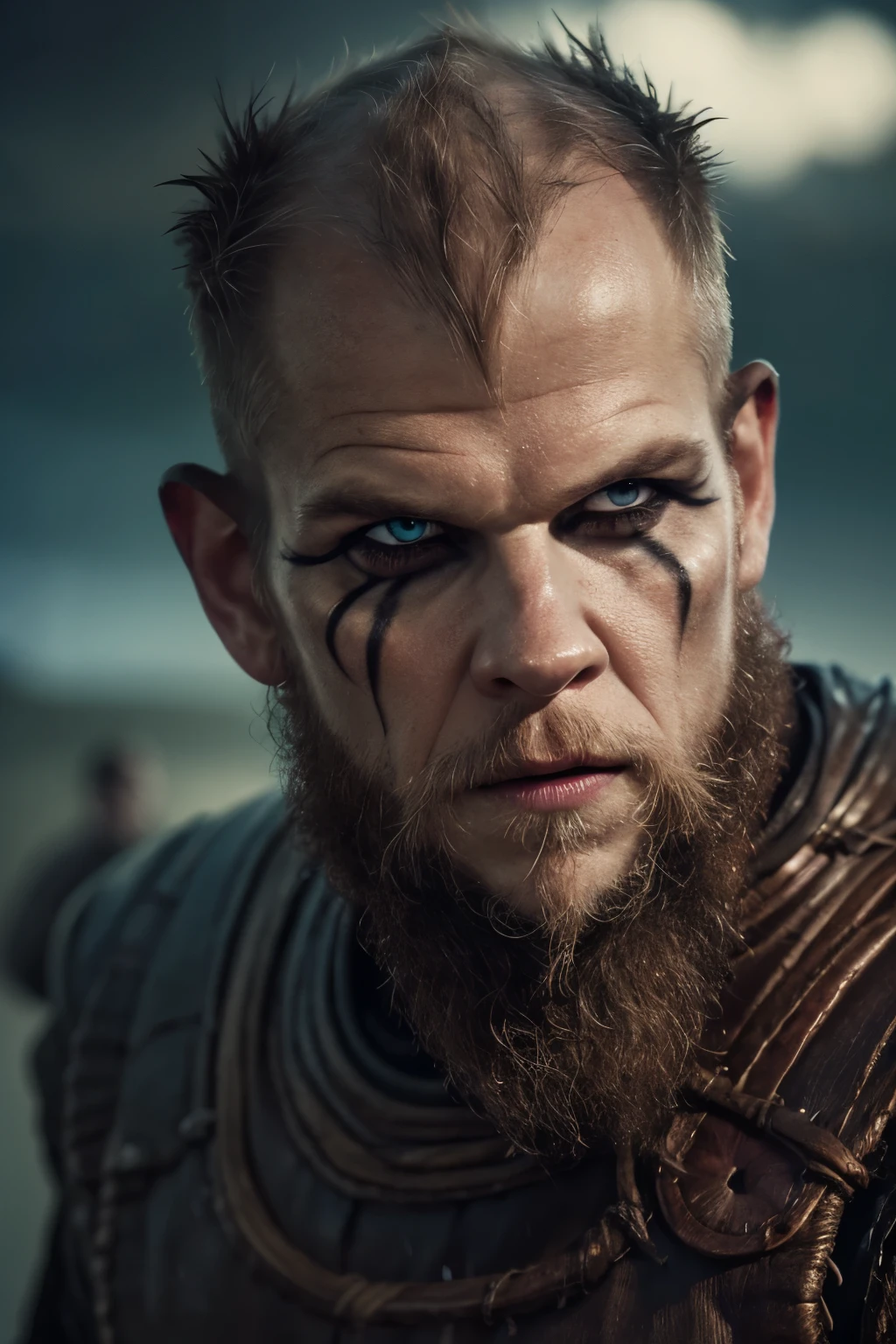 Hyper realistic, ultra detailed, ((cinematic poster)) of Floki a viking warrior, old man, 50 years old, black makeup on eyes, beard,  ultra realistic, skin texture, cinematic lighting. (((Cinematic thunder background))) .