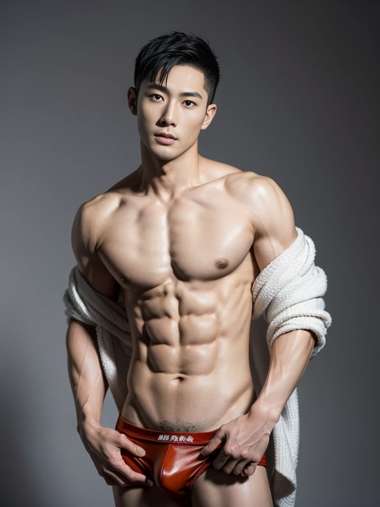 Chinese male actor in a briefs, handsome Chinese guy, handsome man, Full Body Shoot, photoshoot, portrait, look at camera, detailed facial parts, Manly, Charmer, Active Boy, standing, top tied up with rope, rope bondage, strangled with rope, harness, wrapped in leather straps, anguished expression, perfect anatomy, symmetric body, asian boy 30years old, shirtless :: high detail, asian, a little six packs attractive body, realistic, human skin, Short Hairstyle, handsome chad chin, shirtless, handsome, attractive, slightly muscular man, masculine, sexually attractive, human skin, (eyes contact), Handsome, Attractive, bulge in briefs, The crotch is raised