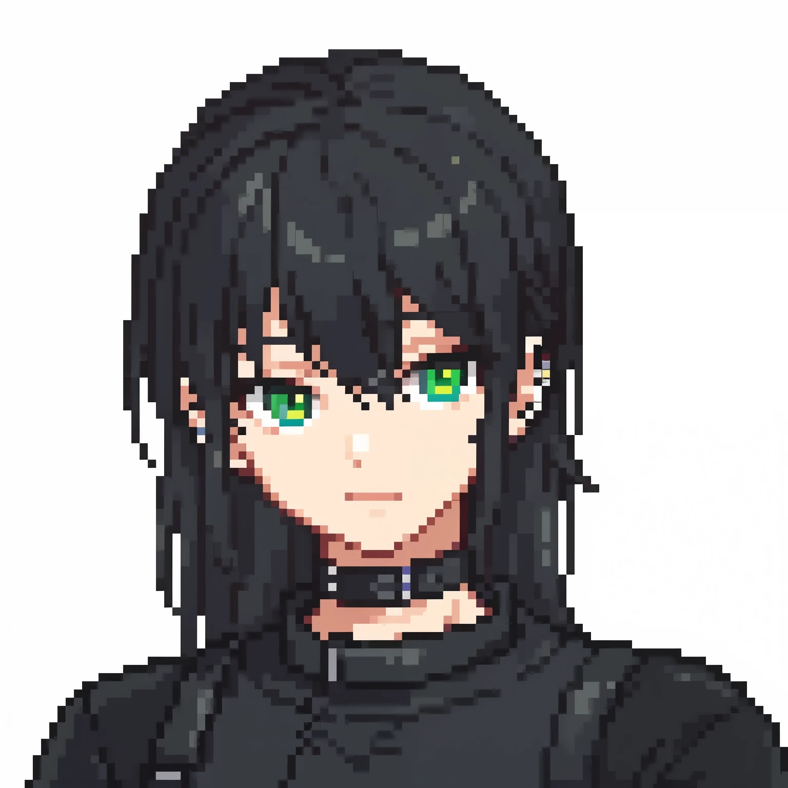 Pixel art, pixel style, sprite, metalhead boy, Black long hair boy, extreme long hair, green eyes, piercing mount