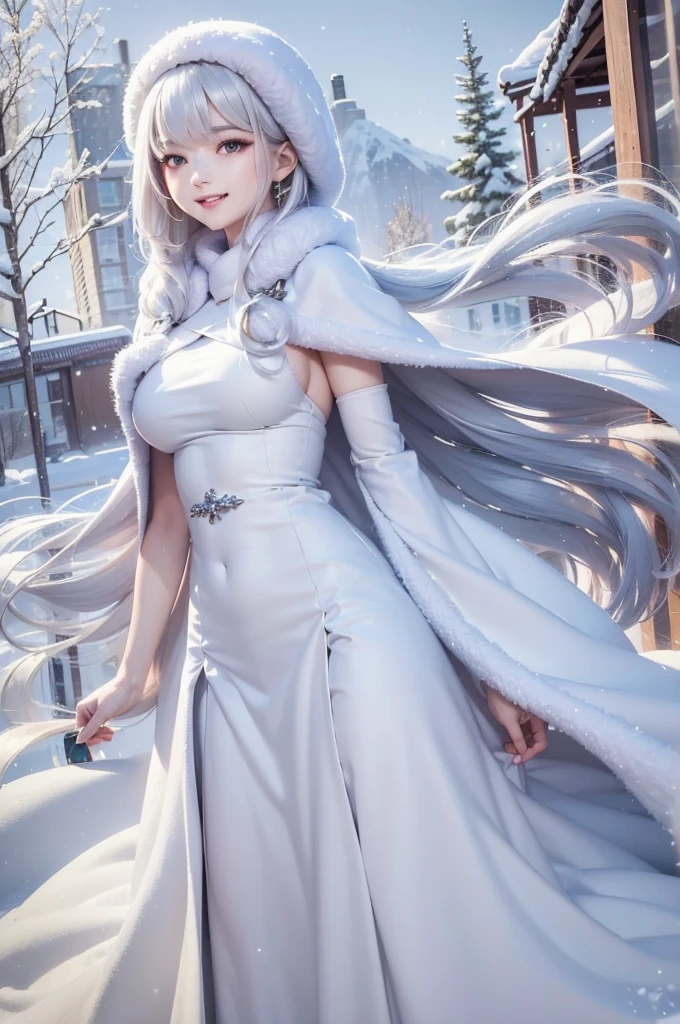 masterpiece、Highest quality、1 girl, winter, white hair, Cute girl, smile, close mouse, medium breasts, sideboob, white dress, winter clothes, long skirt, Fur coat、Small waist、Thin legs、outdoors, snow falling