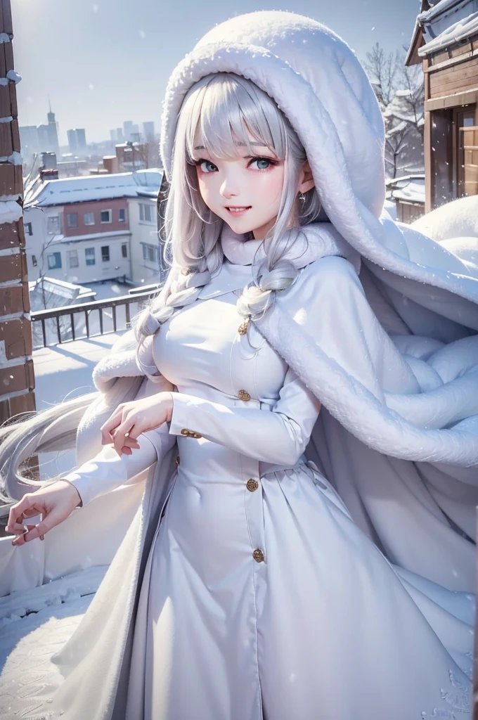 masterpiece、Highest quality、1 girl, winter, white hair, Cute girl, smile, close mouse, medium breasts, sideboob, white dress, winter clothes, long skirt, Fur coat、Small waist、Thin legs、outdoors, snow falling