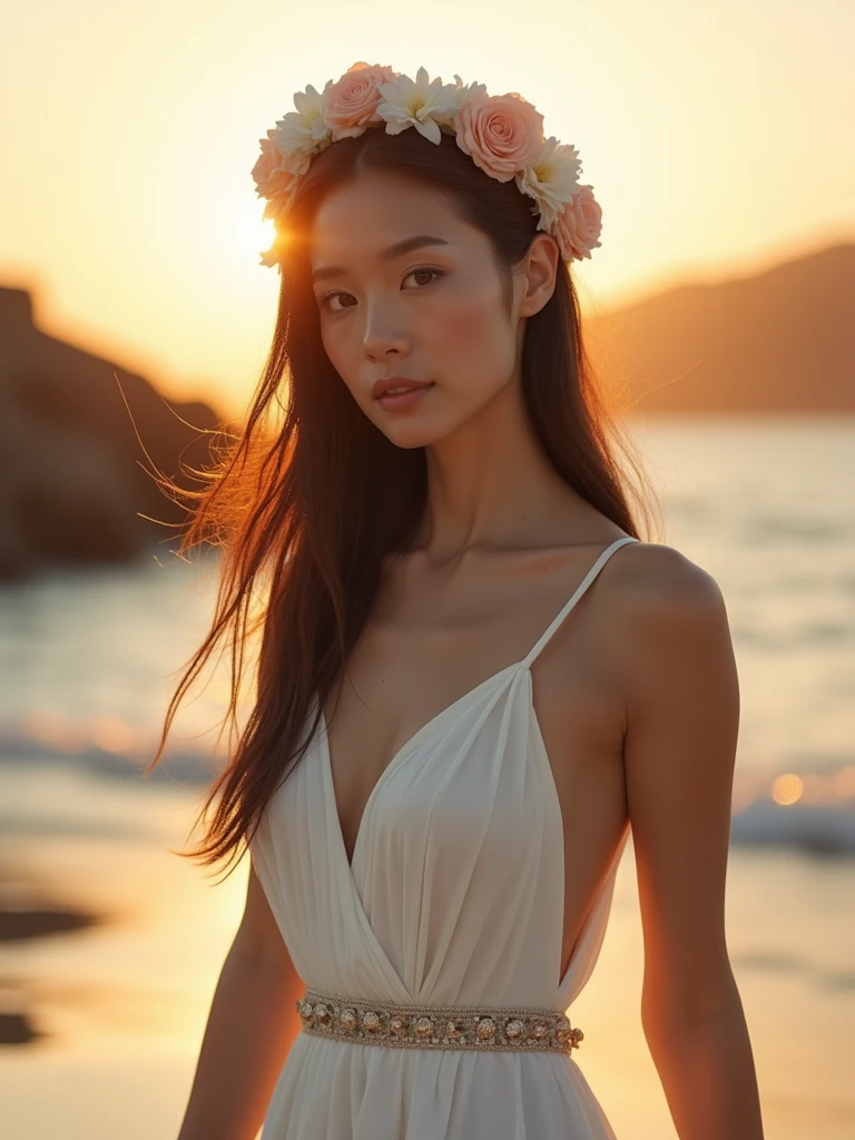 ((chef-d'œuvre, 8k, Meilleure qualité, haute résolution:1.3)), (une jeune femme asiatique, Cheveux long et brun, (son visage est parfait avec des traits délicats:1.2), (elle a des sourcils épais:1.2), (elle porte une belle robe blanche de la Grèce antique:1.2), (sur sa tête se trouve un joli diadème composé de diverses fleurs colorées:1.2), (she is on a Greek island walking aLong the beach at sunset:1.2), (l'image la capture à partir de la taille:1.2), (son corps est parfait et mince:1.2), (elle sourit pour la photo:1.4), (effet bokeh sur la photo:1.2), (Effet de vignette:1.2), (Appareil photo Canon EOS 5DS R, parfait pour capturer les détails et la beauté de la scène:1.2), (associé au Canon EF 85mm f/1.Objectif 4L IS USM:1.2), (La scène est baignée de douceur, Lumière chaude du coucher du soleil:1.2), (sa pose confiante et gracieuse mettant en valeur son élégance naturelle:1.2), (un moment figé dans le temps, capturer l'essence de la beauté et de la sérénité grecques:1.3), (ultra photoréaliste, mettant en valeur ses traits et le cadre idyllique de la plage:1.3), (une image qui transporte le spectateur dans un moment captivant et romantique:1.2), (une scène qui illustre la beauté de la forme humaine dans un cadre intemporel:1.2), (((SFW))), Cinématique, hyper détaillé, détails fous, Magnifiquement étalonné en couleurs, Cinématique Lightning, incroyablement détaillé et complexe, Hyper maximaliste, volumétrique, en couleur, HDR, Faible profondeur de champ, film hollywoodien à gros budget, cinémascope, lunatique, épique, magnifique