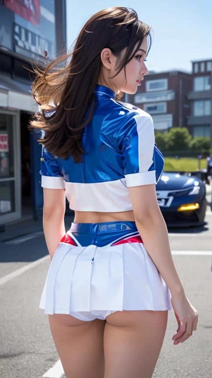 ((Peeking up a skirt)), ((White underwear)), ((Strong winds)), (Embarrassing, blush, ):1.4, Ultra high definition、Highly detailed skin, masterpiece:1.4, Photorealistic, RAW Photos, 8k resolution, Ultra HD, Perfect Style, Perfect focus、Close to the audience, (Anatomically correct), (Windy Upskirt:1.4), (Blowing in the Wind:1.5), ((street)), (Cowboy Shot:1.4), (Perfect hands, Detailed fingers):1.5、((big breast:1.1))、((Shiny enamel costume:1.3))、((circuit))、Straight long hairstyle、(((Race Queen)))、((racing girl))、((Grid Girls))、Stand in front of a racing car、(((Back view)))