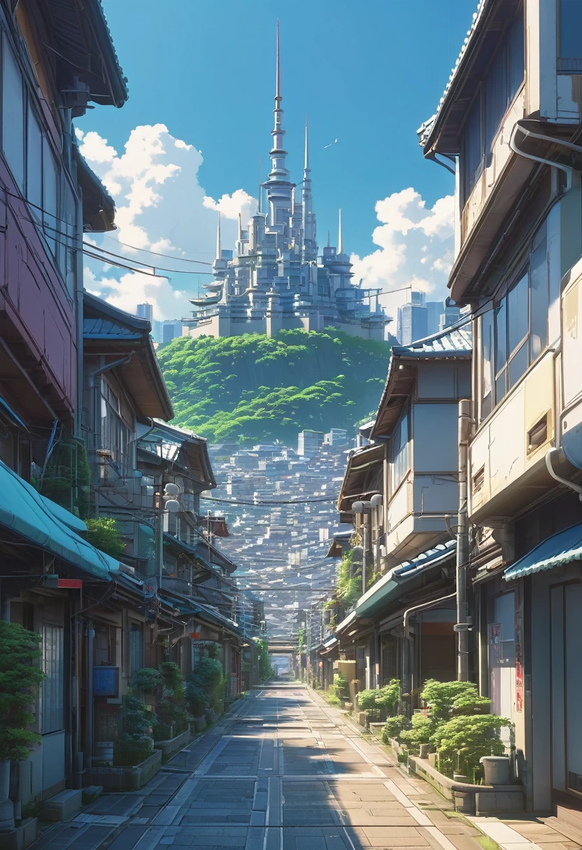 Townscape where ancient and modern buildings blend, In the background is a large castle ., Anime manga type illustration, shutter, la Imagine ultra amplia del paisaje urbano, 突破Imagine的科幻建筑., All buildings are technologically advanced,Full of technology.. A sci-fi blockbuster with a sense of déjà vu... The combination of architecture and lighting. Beautiful future city., Beautiful city view, Tech City background, Love Porcelain, A city as background. Inspired by Makoto Shinkai'The most popular concept art and masterpieces on pixiv, Imagine (Wide-angle lens), Ultra-high resolution (Fidelity: 1.4), Ultra-high quality, Extremely detailed CG unity 8k wallpaper, aesthetics, Award-winning photography, True high detail, Detail improvements, Remove blur, complex, The art of travel. Visually stunning. Beautiful city pixels, Blue Hour Photography, Spectacular clouds, Fantasy Clouds.