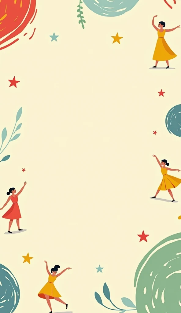Create a minimalist invitation for dance and singing competition. Add elements of singing as well as dance. Make it minimalist. Leave space in centre blank for content. Use red, yellow, green and blue colours only.