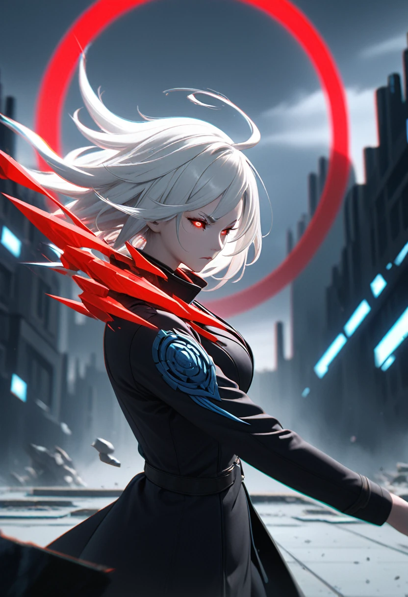 1girl, white hair, wild hair, red eyes, (white eyelashes:1.2), emotionless, red glow halo, mature, black coat, short hair, (chromatic aberration:1.2), corrupt image, reality break, destruction city, solo, (evil godness:1.2), digital dissolve, ambient energy, dynamic pose