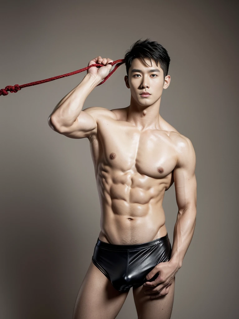 Chinese male actor in a briefs, handsome Chinese guy, handsome man, Full Body Shoot, photoshoot, portrait, look at camera, detailed facial parts, Manly, Charmer, Active Boy, standing, top tied up with rope, rope bondage, strangled with rope, harness, wrapped in leather straps, anguished expression, perfect anatomy, symmetric body, asian boy 30years old, shirtless :: high detail, asian, a little six packs attractive body, realistic, human skin, Short Hairstyle, handsome chad chin, shirtless, handsome, attractive, slightly muscular man, masculine, sexually attractive, human skin, (eyes contact), Handsome, Attractive, bulge in briefs, The crotch is raised