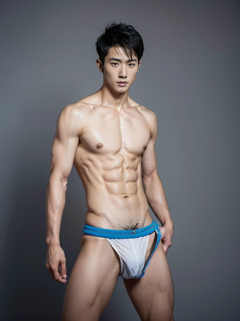 Chinese male actor in a briefs, handsome Chinese guy, handsome man, Full Body Shoot, photoshoot, portrait, look at camera, detailed facial parts, Manly, Charmer, Active Boy, standing, top tied up with rope, rope bondage, strangled with rope, harness, wrapped in leather straps, anguished expression, perfect anatomy, symmetric body, asian boy 30years old, shirtless :: high detail, asian, a little six packs attractive body, realistic, human skin, Short Hairstyle, handsome chad chin, shirtless, handsome, attractive, slightly muscular man, masculine, sexually attractive, human skin, (eyes contact), Handsome, Attractive, bulge in briefs, The crotch is raised