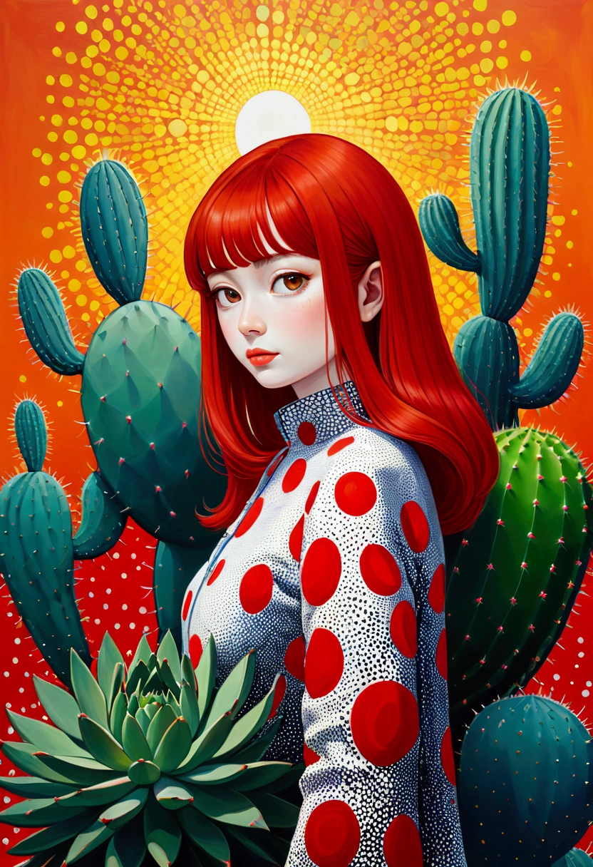 Yayoi Kusama style,An abstract painting,Coronavirus Plant,Pop Art,Dense dots author:Annabel Kidston, Saturated pointillism, cactus, inspired by Yayoi Kusama, inspired by Yayoi Kusama, inspired by:Annabel Kidston, By Pasitha Abad