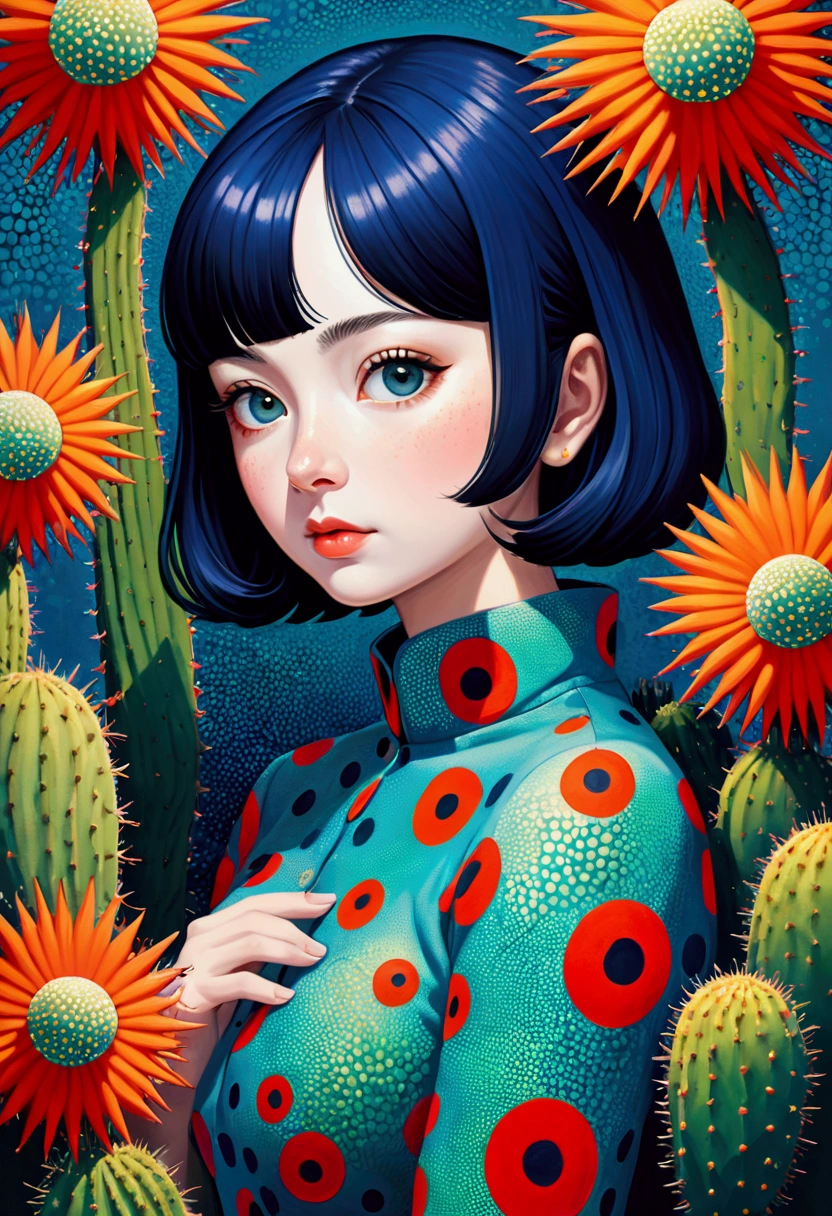 Yayoi Kusama style,An abstract painting,Coronavirus Plant,Pop Art,Dense dots author:Annabel Kidston, Saturated pointillism, cactus, inspired by Yayoi Kusama, inspired by Yayoi Kusama, inspired by:Annabel Kidston, By Pasitha Abad