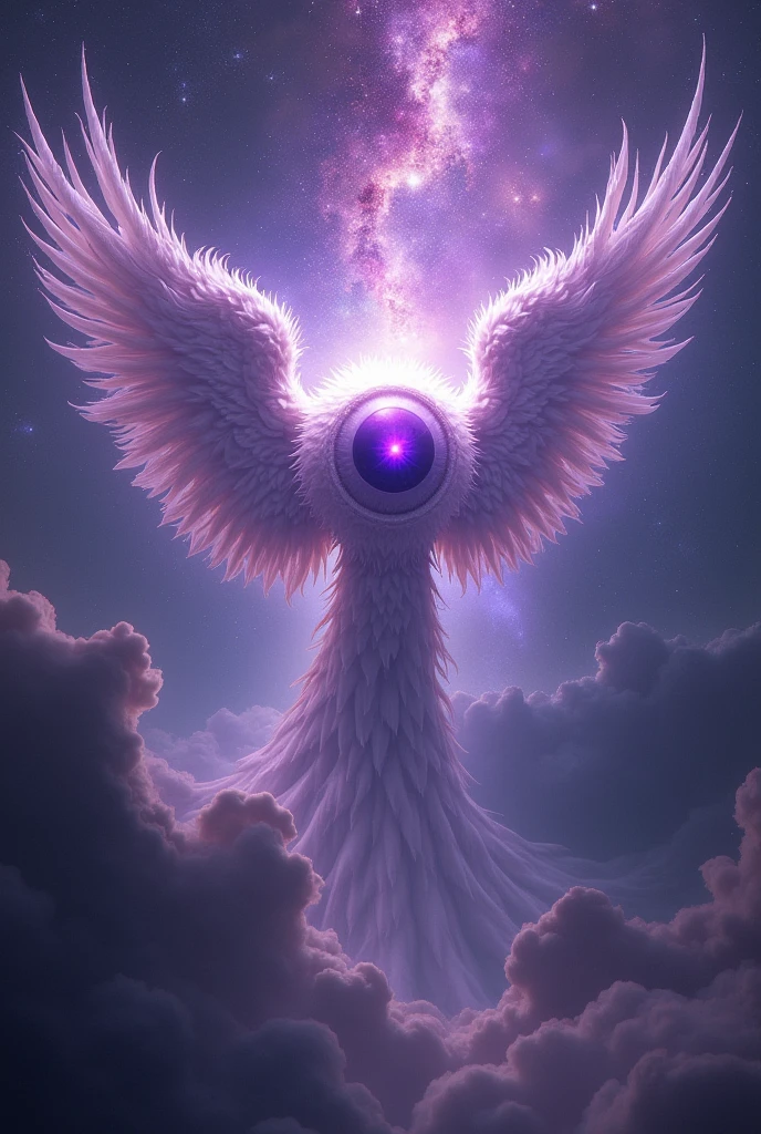 giant eye, with angel-type wings, as described in the Bible, deep purple eye color, a galaxy behind and infinite stars, a flash of incredible light, and cosmos
