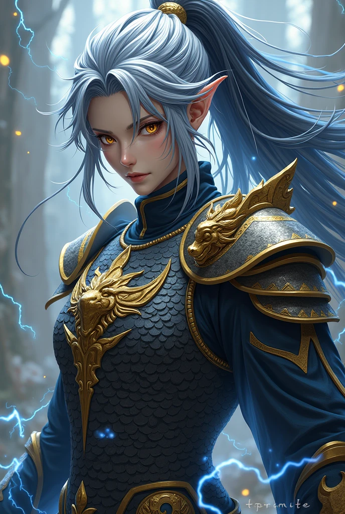 AKIRA, anime character a half thunder dragon god, golden eyes and full of hate, half silver half black long hair with.ponytail Dragon armor with scales and a golden dragon head on the shoulder pads, tall, thin, muscular character
