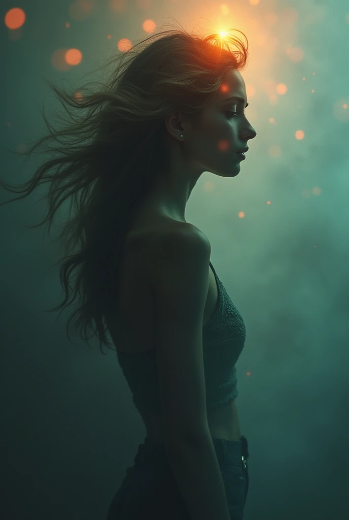 I am the blurred lines of her and her different faces that exist above her of her different lives only a blurred figure of her body and the expression of her face that sees the pain is seen , It is hope come true, her entire body is seen in blur, the message I want to convey is that there is tranquility for her. , 24k artwork uses volume in shadows uses the rules of composition uses the rules of cinema uses its colors rule of thirds and all the rules of photography uses the compositions of cinema shadows with volume and uses the latest image creation techniques photoshop rendering