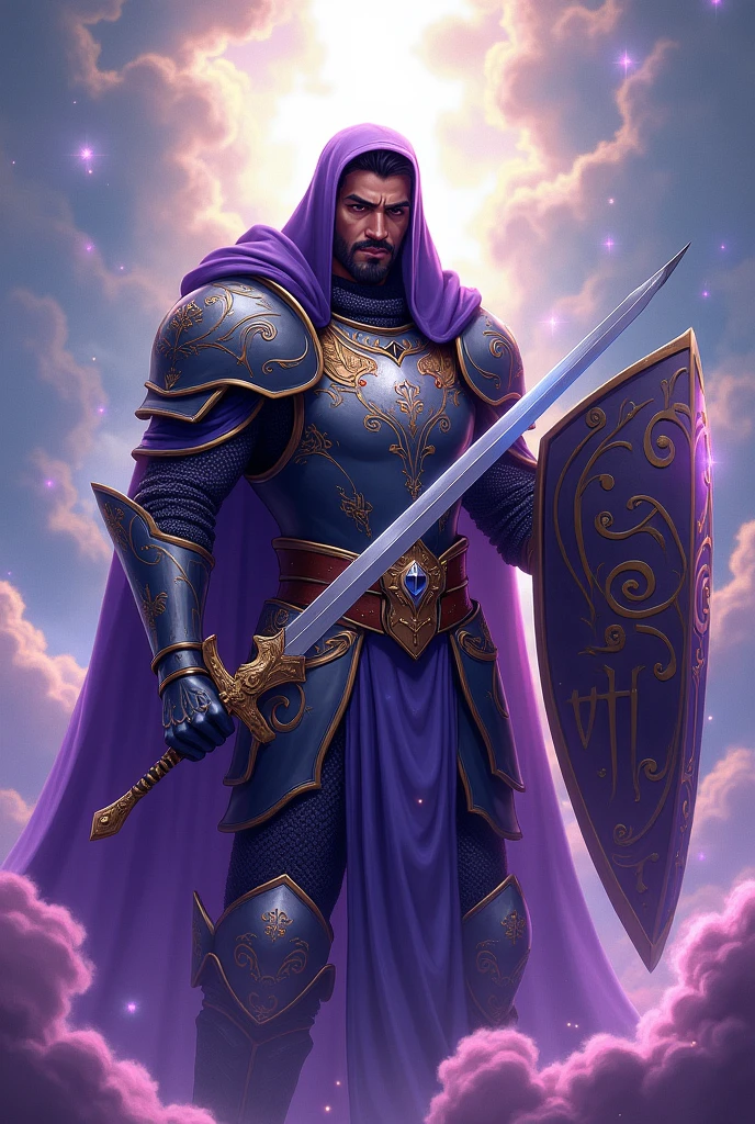  male arab genie knight in full medieval armor without helmet purple with sword and shield in anime 