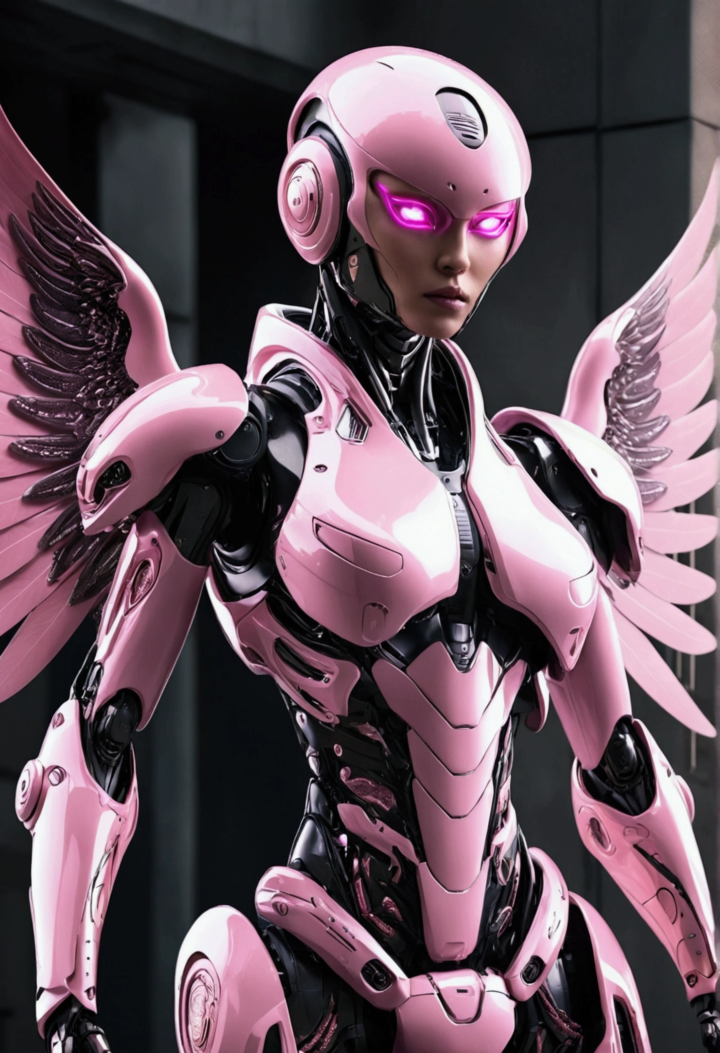 futuristic security Swat military bodyguard robot pink color , angelic wings and looks like an Alien also looks very feminine. It has jet engines integrated into its feet for flight. With tattoos on its arms, The overall look is both stunning and Very intimidating, with an Angel like beauty