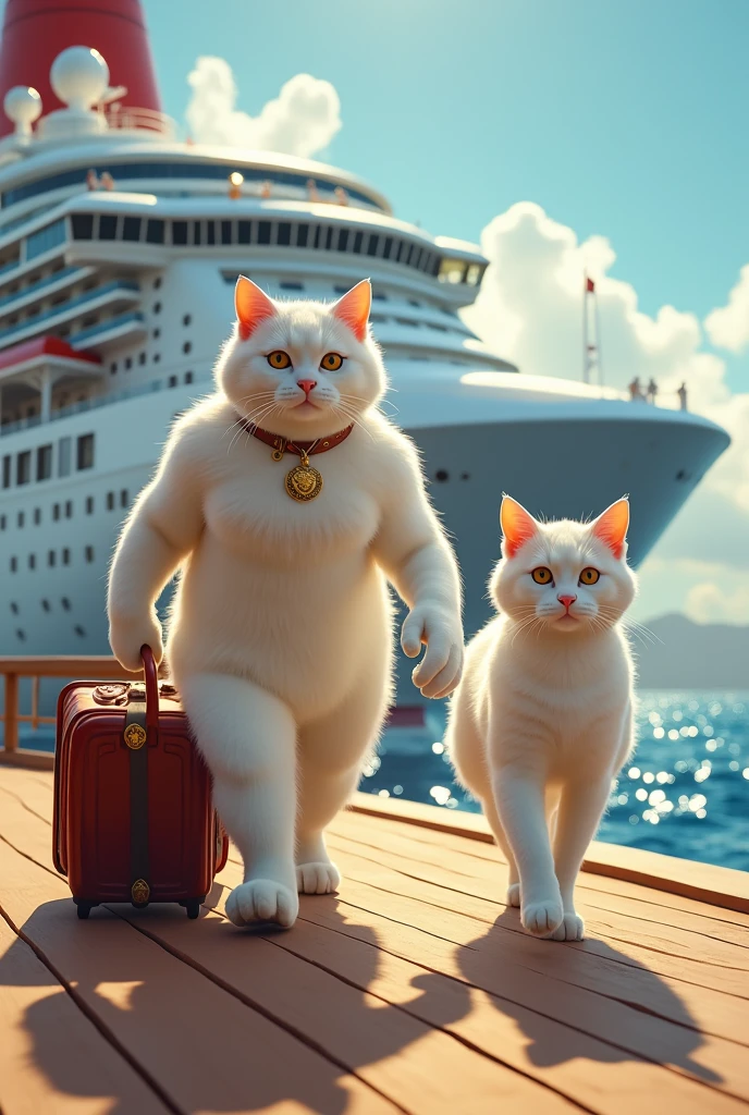 Image montrant un chat blanc musclé et une  chatte blanche qui sont entrain de monter dans un bateau de croisière avec leurs valises