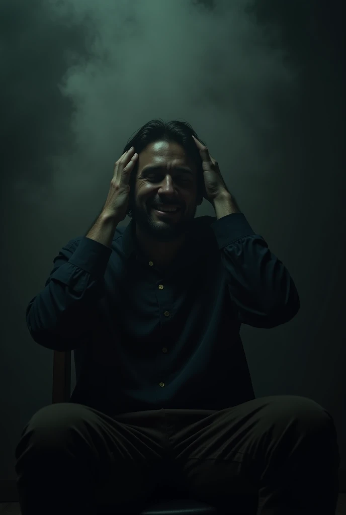A dark, cinematic scene of a man sitting alone in a dimly lit room, surrounded by shadows. He is clutching his head in pain, with a sad smile on his face. A single tear rolls down his cheek, while a faint, ghostly laughter echoes in the background. The atmosphere is heavy with sorrow and anguish, with a sense of isolation and despair., cinematic