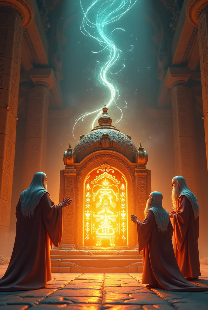 In cinematic 3d cartoon style "Show a dramatic scene where the chariot’s hidden mechanism is being uncovered. This could include glowing inscriptions or mystical symbols revealed by the sages.