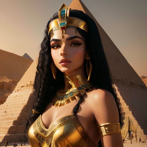 Arafed woman in golden dress stands in front of pyramid, beautiful Cleopatra, Egyptian princess, wearing an Egyptian crown, Egyptian, Cleopatra portrait, gorgeous woman, black emma watson as Egyptian, Cleopatra, Egyptian clothing, Egyptian clothes, Egyptian makeup, Egyptian макияж, ancient Egyptian, Egyptian style, beautiful goddess, Cinematic Goddess Close-Up, Pharaoh, Nefertiti