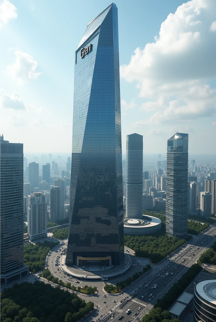 Generate a skyscraper in the middle of a city belonging to the company "Gray International Enterprise Papua New Guinea"