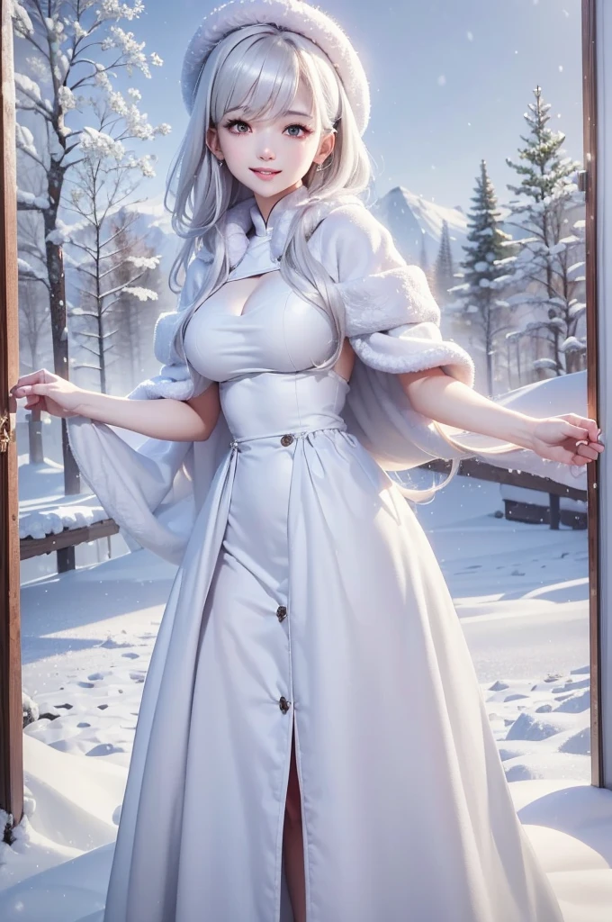 masterpiece、Highest quality、1 girl, winter, white hair, Cute girl, smile, close mouse, medium breasts, sideboob, cleavage, white dress, winter clothes, long skirt, Fur coat、Small waist、Thin legs、outdoors, snow falling
