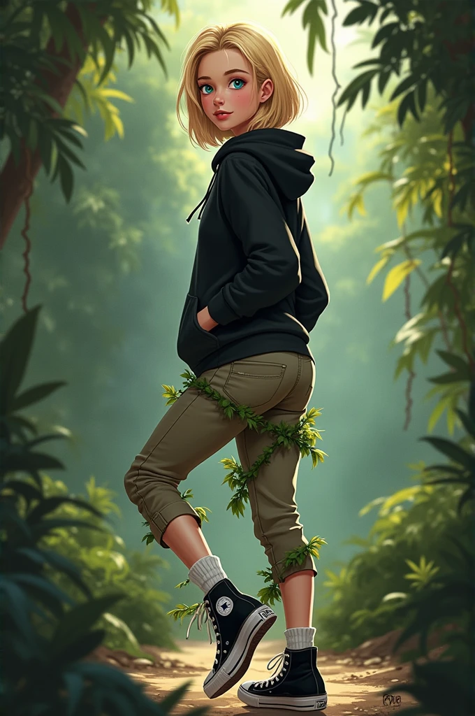 High school white girl, blonde hair, blue eyes, tight khaki pants, black high top converse shoes, black hoodie, white socks, one leg kicking in the air towards the camera, jungle background, full body, backside, butt, vines coiled around the girls legs.