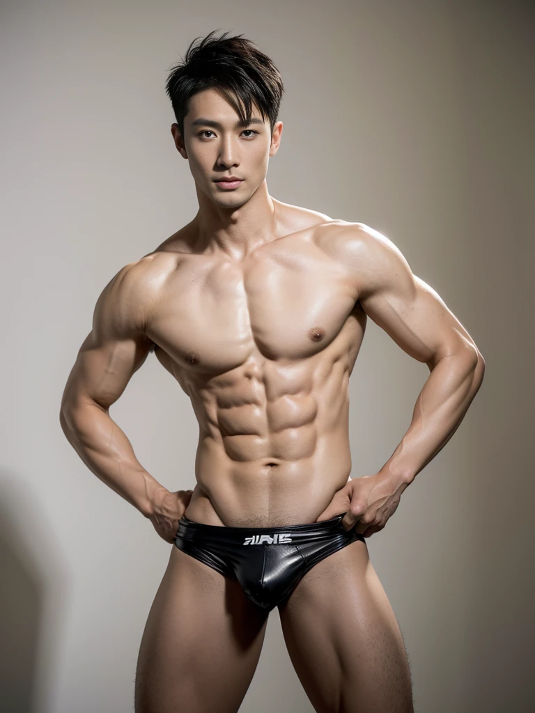 Chinese male actor in a briefs, handsome Chinese guy, handsome man, Full Body Shoot, photoshoot, portrait, look at camera, detailed facial parts, Manly, Charmer, Active Boy, standing, top tied up with rope, rope bondage, strangled with rope, harness, wrapped in leather straps, anguished expression, perfect anatomy, symmetric body, asian boy 30years old, shirtless :: high detail, asian, a little six packs attractive body, realistic, human skin, Short Hairstyle, handsome chad chin, shirtless, handsome, attractive, slightly muscular man, masculine, sexually attractive, human skin, (eyes contact), Handsome, Attractive, bulge in briefs, The crotch is raised