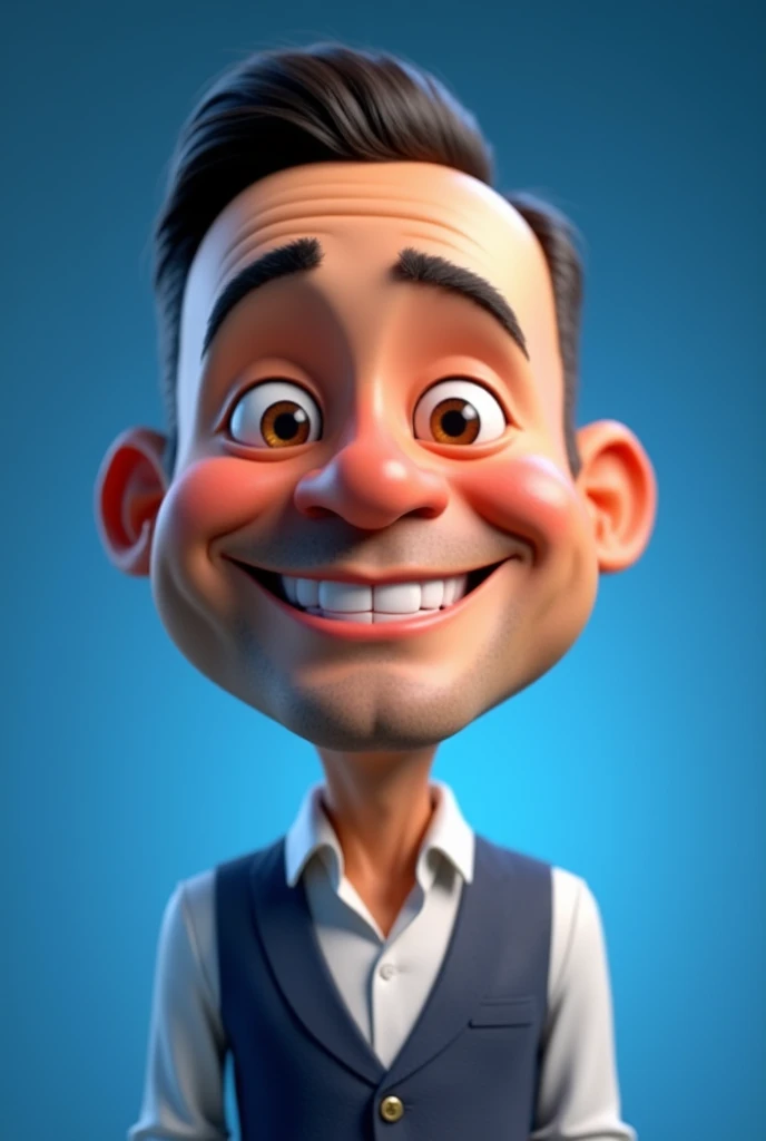 Create a 3D animation of a cartoon caricature with a big head. use as a basis the mayor of the city of Viradouro SP Cal Ribeiro, friendly smile. Blue gradient background with professional lighting. work of art, Maximum quality, highly detailed skin and face, ultra-realistic, High definition, studio lighting, sharp focus, 2/3 body angle, conceptual artwork, 3D rendering.