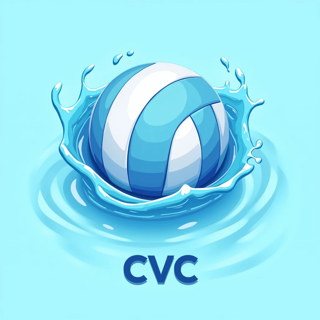 logo of a volleyball surrounded by a whirlpool, minimalist logo, light blue water background. The background has ripples like the sea being reflected in the sunlight., blue volleyball, Below the clear water is the text: "CVC". Water surrounds the ball generously, free, soar. Beautiful round ball, and strong, energy, splash. The background is only blue.. 2D style, simple yet attractive logo. The text blends with the volleyball to form a logo.. Powerful water twisting, water jets, giọt splash, Text closer to the ball or uniquely combined with the ball