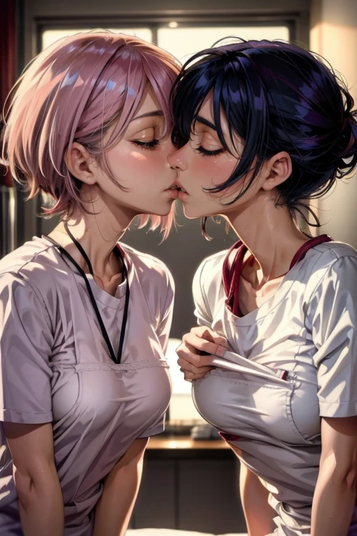 Two female nurses having fun in the hospital、lesbian mika、Greedy kiss、Yodare、tongue、Modest chest、((small breasts))