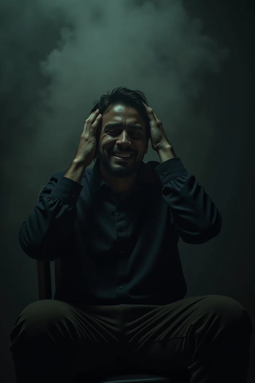 A dark, cinematic scene of a man sitting alone in a dimly lit room, surrounded by shadows. He is clutching his head in pain, with a sad smile on his face. A single tear rolls down his cheek, while a faint, ghostly laughter echoes in the background. The atmosphere is heavy with sorrow and anguish, with a sense of isolation and despair., cinematic