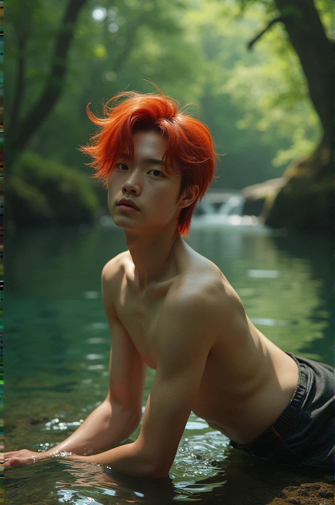 A young man with long red hair and an Asian face. His skin is pale, and his pupils are black. He looks very similar to Taehyung from BTS. He is lying down seductively and alluringly by a river in a forest, shirtless