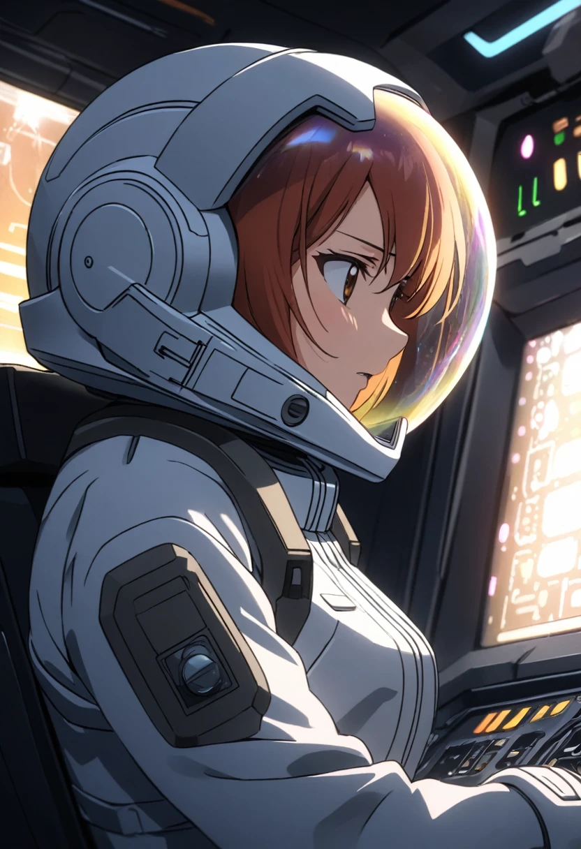 eva helm, spacesuit , astronaut), bubble helmet, space helmet, (1girl:1.1) wearing a (spacesuit:1.15), white cargo pants, (ugh, wtf do these buttons do:1.3), inside the cockpit of a (futuristic spaceship:1.1), sitting in the captains chair, (intricate control panels:1.3), (gleaming metal:1.1), surrounded by many buttons and dials and gauges, (confused:1.3), (worried expression:1.1), (nervous:1.1), concerned, beautiful 8k wallpaper, highly advanced, (sleek design:1.3), intricate, highres, superb, 8k wallpaper, extremely detailed, intricate, short hair, from side