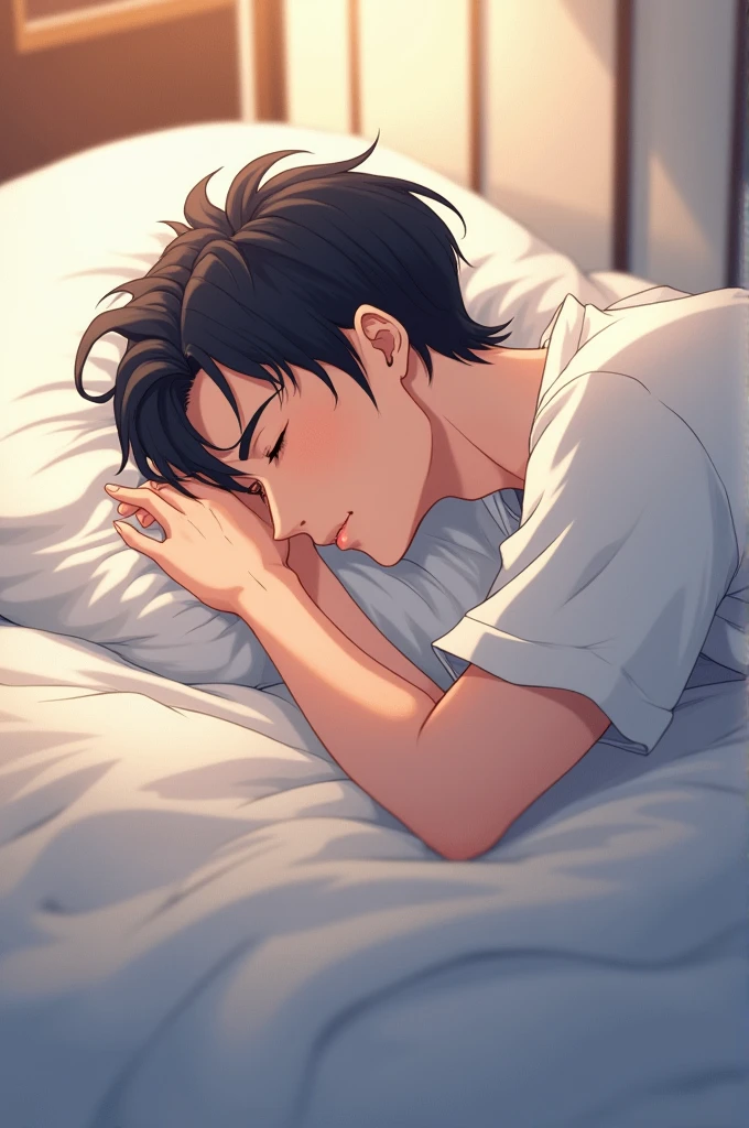 Sideways anime illustration of a handsome Japanese man sleeping