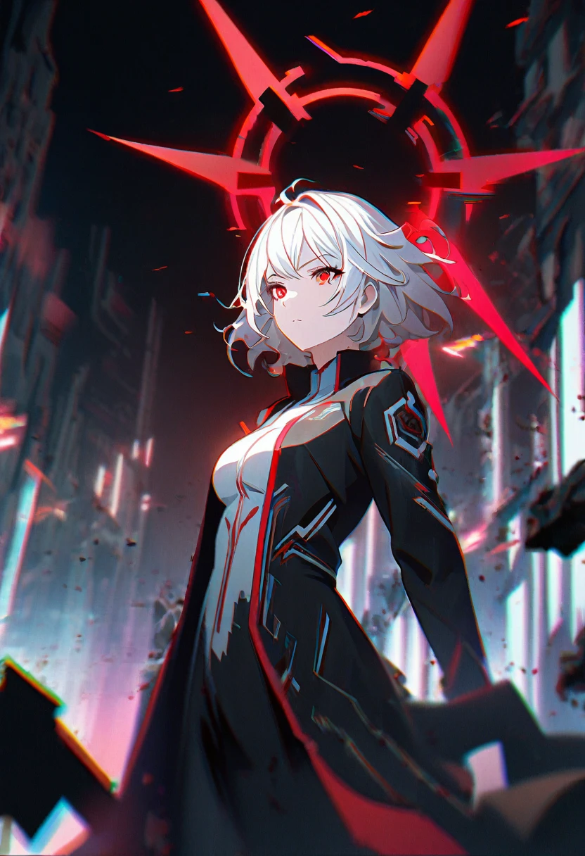 1girl, white hair, wild hair, red eyes, (white eyelashes:1.2), emotionless, red glow halo, mature, black coat, short hair, (chromatic aberration:1.2), corrupt image, reality break, destruction city, solo, (evil godness:1.2), digital dissolve, ambient energy, dynamic pose
