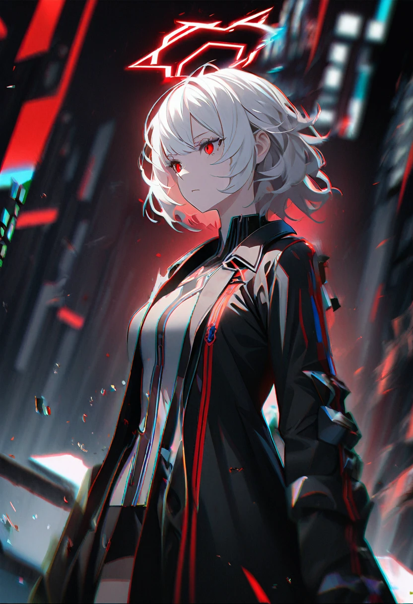 1girl, white hair, wild hair, red eyes, (white eyelashes:1.2), emotionless, red glow halo, mature, black coat, short hair, (chromatic aberration:1.2), corrupt image, reality break, destruction city, solo, (evil godness:1.2), digital dissolve, ambient energy, dynamic pose