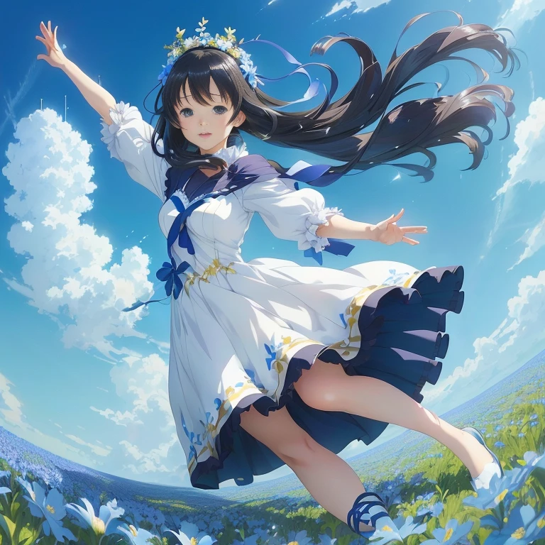 anime girl in a blue dress flying through the air, official artwork, girl dancing in a flower field, official anime artwork, anime visual of a cute girl, official art, hestia, anime moe artstyle, high detailed official artwork, beautiful anime, beautiful anime art, smooth anime cg art, azure sky, beautiful anime artwork, high definition anime art, shikamimi