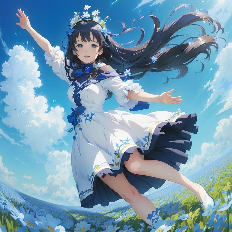 anime girl in a blue dress flying through the air, official artwork, girl dancing in a flower field, official anime artwork, anime visual of a cute girl, official art, hestia, anime moe artstyle, high detailed official artwork, beautiful anime, beautiful anime art, smooth anime cg art, azure sky, beautiful anime artwork, high definition anime art, shikamimi