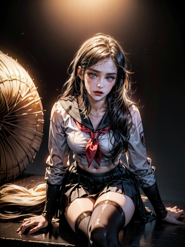 (masterpiece, best quality), absurdres, (photorealistic:1.4), (realistic, hyper realistic), RAW photo, (8k:1.27), (ultra highres:1.2), official art, unity 8k wallpaper, complex pupils, delicate, detailed skin texture, detailed cloth texture, beautiful detailed face, intricate details, ultra detailed, extremely intricate, extremely detailed, BREAK, 1girl, stunning innocent symmetry face, emotional, ulzzang, navel, mini skirt, ((thigh highs)), concave bangs, (short hair with long locks), wide shot, school uniform, solo, skirt, pleated skirt, (wearing serafuku), sitting, hand between legs, BREAK, fashion photography, partially covered in shadows, dark photo, (abstract background:1.4),