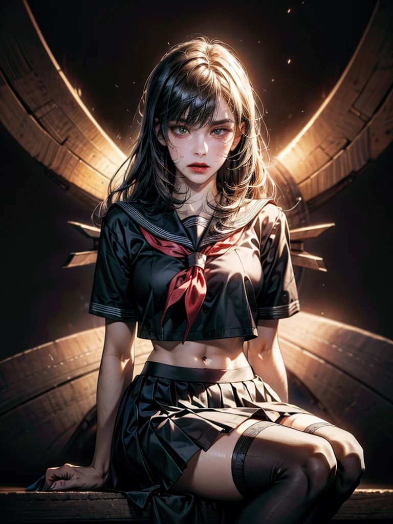 (masterpiece, best quality), absurdres, (photorealistic:1.4), (realistic, hyper realistic), RAW photo, (8k:1.27), (ultra highres:1.2), official art, unity 8k wallpaper, complex pupils, delicate, detailed skin texture, detailed cloth texture, beautiful detailed face, intricate details, ultra detailed, extremely intricate, extremely detailed, BREAK, 1girl, stunning innocent symmetry face, emotional, ulzzang, navel, mini skirt, ((thigh highs)), concave bangs, (short hair with long locks), wide shot, school uniform, solo, skirt, pleated skirt, (wearing serafuku), sitting, hand between legs, BREAK, fashion photography, partially covered in shadows, dark photo, (abstract background:1.4),