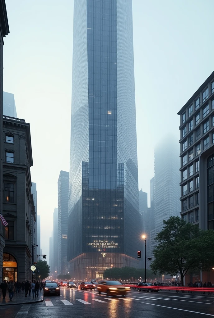 Generate a skyscraper in the middle of a city belonging to the company "Gray International Enterprise"
