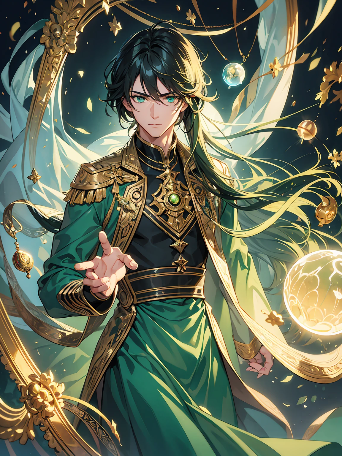 artistic rendering of a male god with glass crystal ball surrounding his hands, long hair, green eyes, 1boy, male focus,gentleman,handsome,
