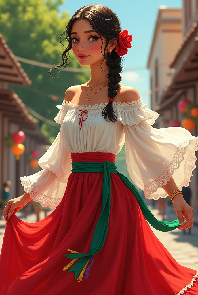 A girl with a braid on one side wearing a closed white blouse with flared sleeves, a long red skirt, a thin green sash and a flag at the waist. How to mariachi 