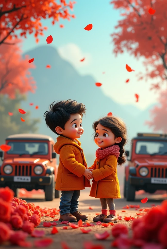 A animated boy and girl standing in orange coat 
dress with three Mahindra Thar cars background And falling more red roses
