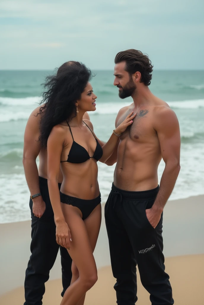 Black hair on the beach, black sweatpants, Men are touching the breasts of a barefoot woman