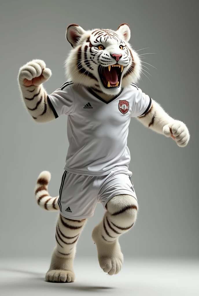 Photorealistic portrait of dressed animals:  white tiger as a soccer player,( dynamic action pose, celebrating a goal), high quality,(charming) ,intricate details, Very detailed ((white soccer uniform)) ,Very detailed, (happy), studio lighting,(full body image:1.5)