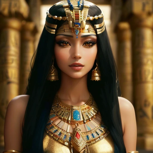 close up of woman in gold suit and blue necklace, beautiful Cleopatra, Egyptian princess, wearing an Egyptian crown, gorgeous woman, Cleopatra portrait, Cleopatra, Egyptian, Egyptian makeup, beautiful goddess, amazing woman, portrait of a beautiful goddess, gorgeous beautiful woman, ancient Egyptian, Cleopatra in her palace, beautiful woman, Egyptian clothing, Egyptian style, Pharaoh