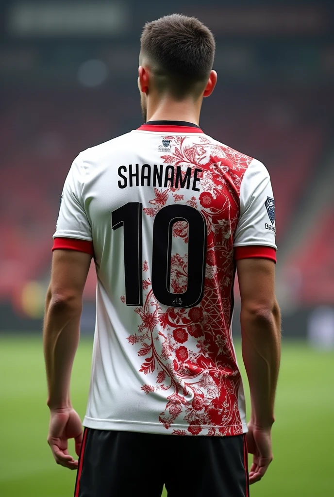 White red and black football shirt with beautiful designs and details Front and back , with a small generic logo and the number 10