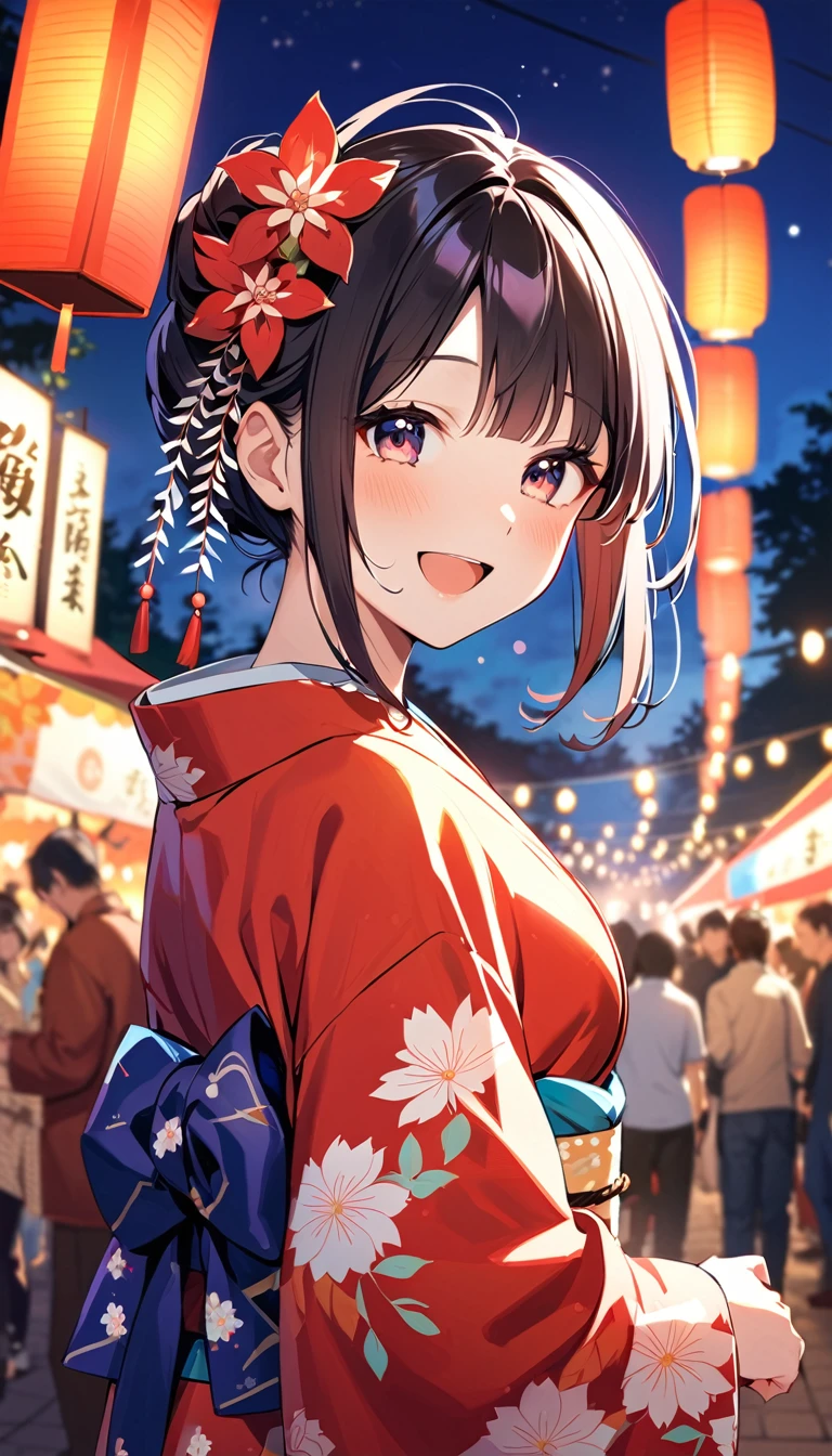 Embarrassing, smile, One girl, Outdoor,night,夏festival,kimono,Japanese clothing,beautiful,Sparkling,night,festival, Open your mouth,alone,