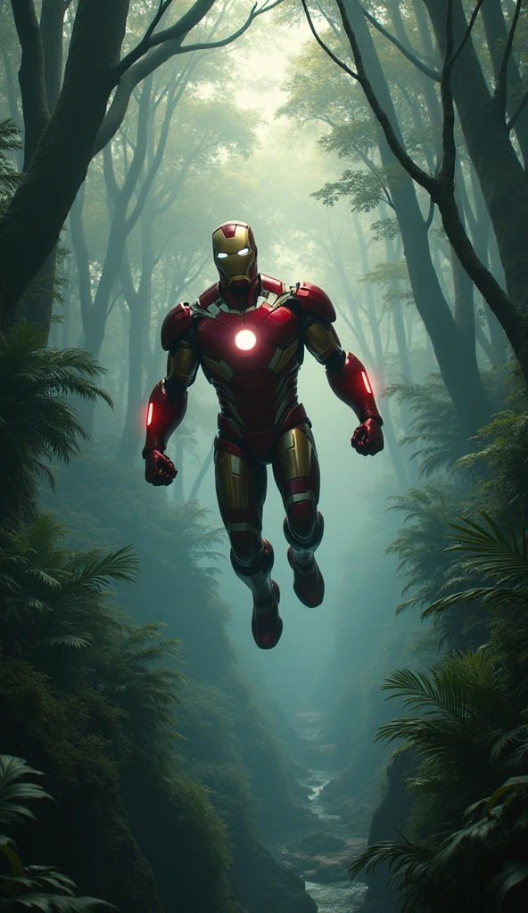 Ironman flying in deep jungle, fantasy jungle with lights and tresss